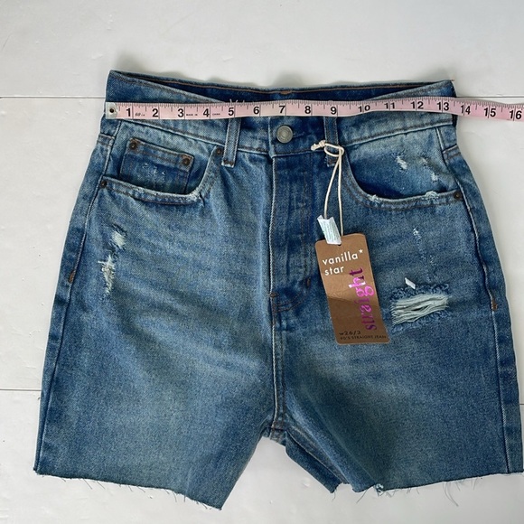 Vanilla Star 90s Straight Jean Blue Distressed High Waisted Denim Short 26/3 - Picture 13 of 17